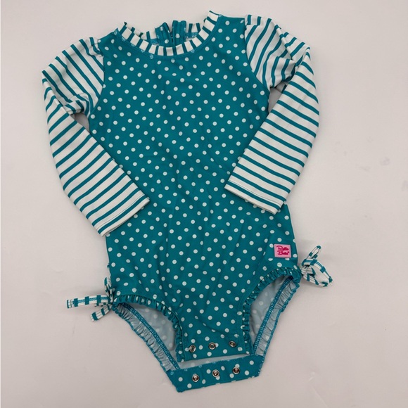 RuffleButts Aqua Polka Dot One Piece Rash Guard- 💥Size 2T💥 - Picture 2 of 10
